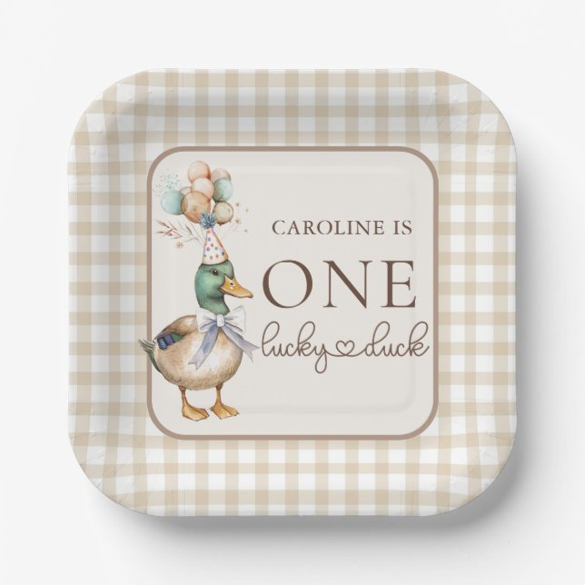 Plato De Papel Marrón Un Lucky Duck Balloon 1er cumpleaños (Anverso)