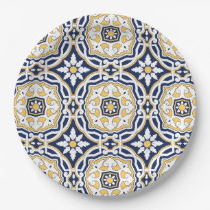 Plato De Papel Marroquí azul intenso amarillo intrincado geométri