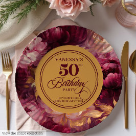Plato De Papel Marsala oro ruidoso floral mujer 50 cumpleaños