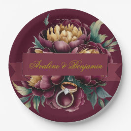 Plato De Papel Marsala Red and Gold Peony con anillos Bodas