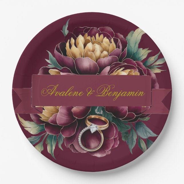 Plato De Papel Marsala Red and Gold Peony con anillos Bodas (Anverso)