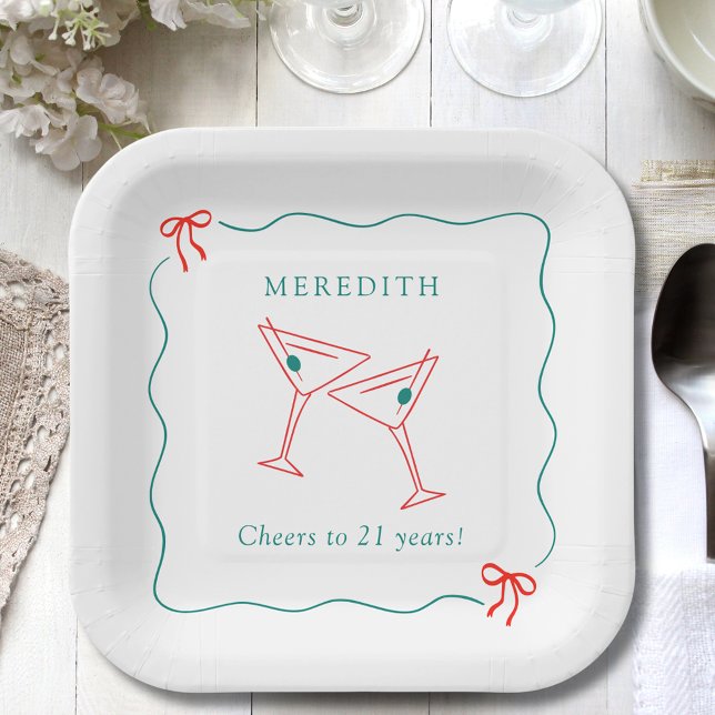 Plato De Papel Martini saluda la fiesta de cumpleaños de 21 años (Martini Cheers to 21 Years Wavy Doodle Border with Bows Square Paper Plate)