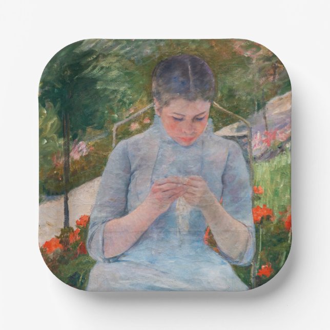 Plato De Papel Mary Cassatt - Chica cosiendo en un jardín (Anverso)
