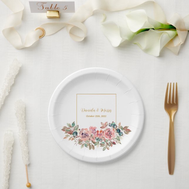 Plato De Papel MARY Watercolor Rosa Emerald Green Boda (Boda)