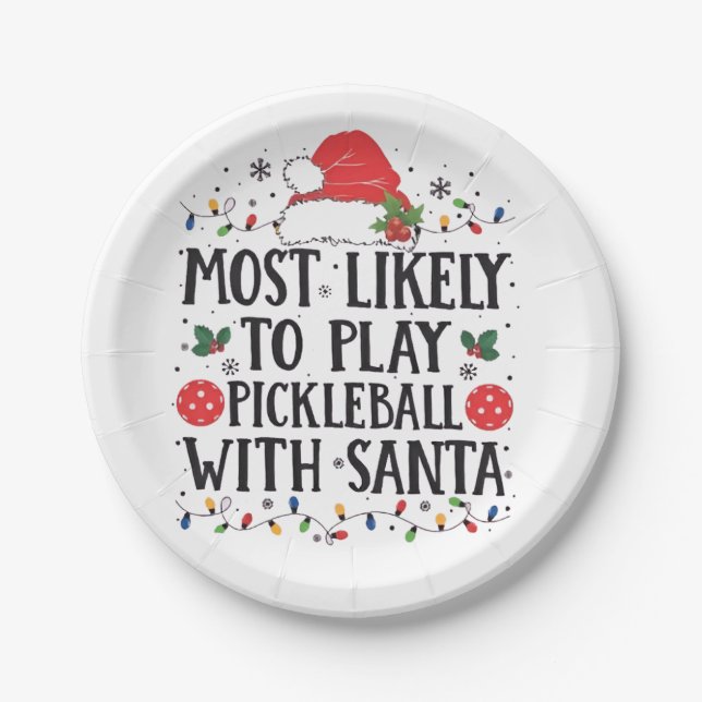 Plato De Papel Más Propenso a Jugar Pickleball con Santa  (Anverso)