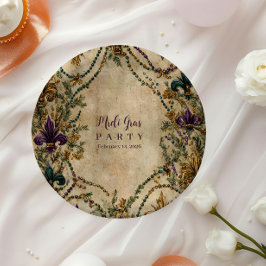 Plato De Papel Máscara de Mardi Gras con Fleur-de-Lis Perlada