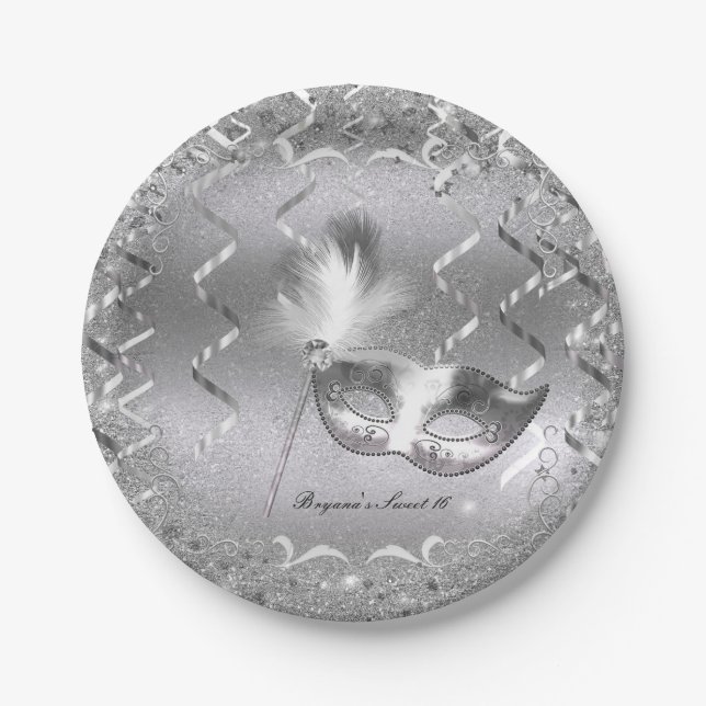 Plato De Papel Máscara de Mascarada de Plata Elegante fiesta de c (Anverso)