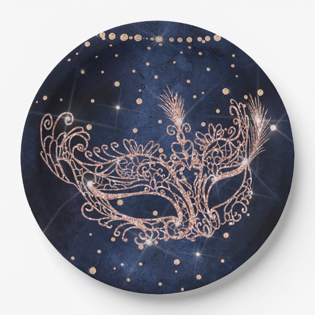 Plato De Papel Máscara de mascarada elegante rosa purpurina chisp (Anverso)