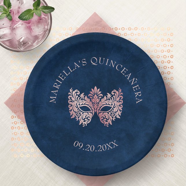 Plato De Papel Máscara De Mascarada Rosa Elegante Quinceanera (Subido por el creador)