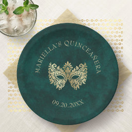 Plato De Papel Máscara de Mascarada Verde Elegante Quinceanera