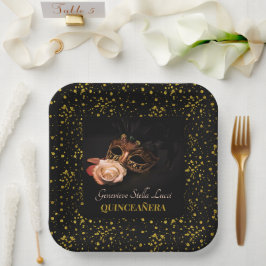 Plato De Papel Mascarada elegante y rosa blanco