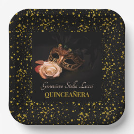 Plato De Papel Mascarada elegante y rosa blanco