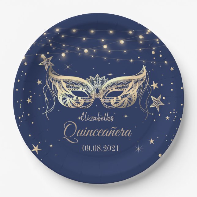 Plato De Papel Mascarada, Estrellas Azul de la Marina Quinceañera (Anverso)