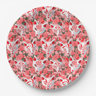 Plato De Papel Máscaras de Kitsune y camelia rosa floreciendo