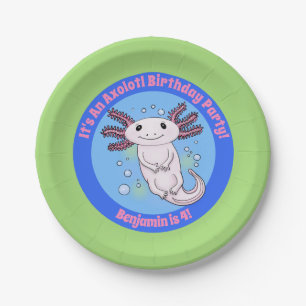 Plato De Papel Mascota de burbujas azul axolotélico rosado