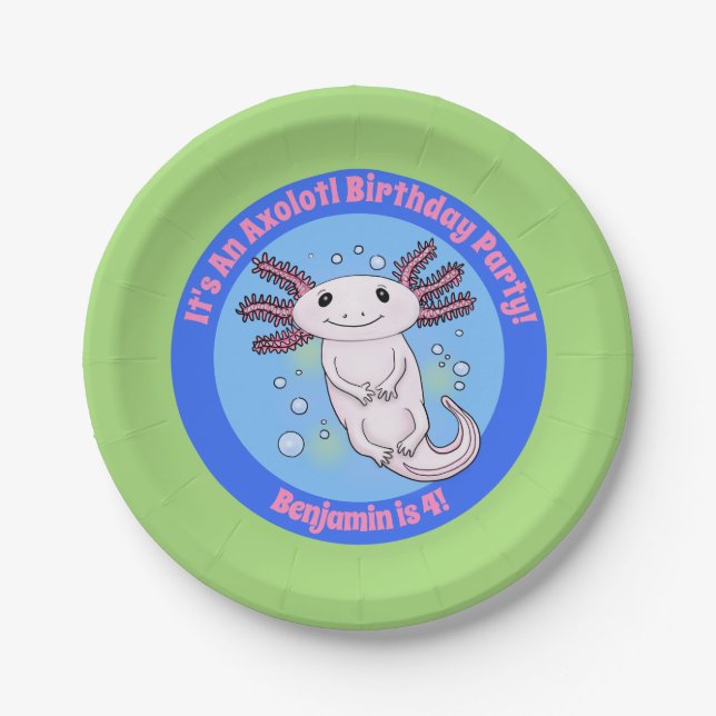 Plato De Papel Mascota de burbujas azul axolotélico rosado (Anverso)