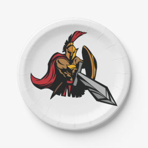 Plato De Papel Mascota Guerrero Espartano Rojo y Dorado Intenso