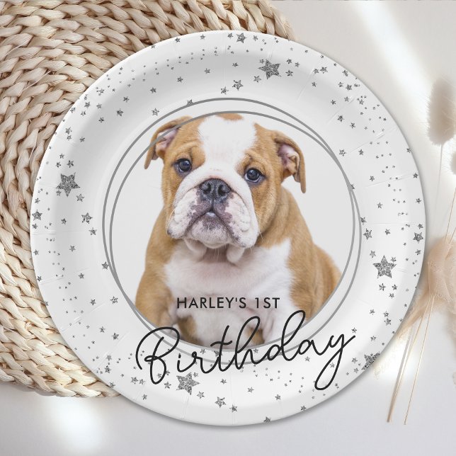 Plato De Papel Mascota personalizado Foto Purpurina Plata Estrell (Subido por el creador)