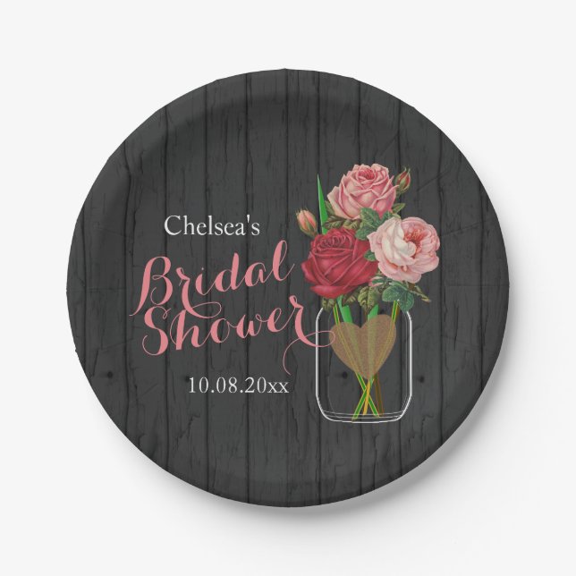 Plato De Papel Mason Jar Elegante Rosa Bridal Shower Design (Anverso)