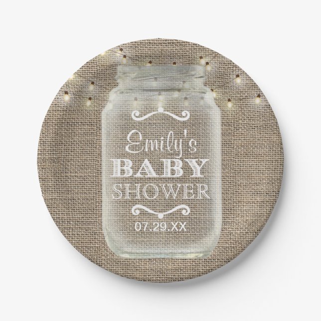 Plato De Papel Mason Jar String ilumina el Baby Shower de Burlap  (Anverso)