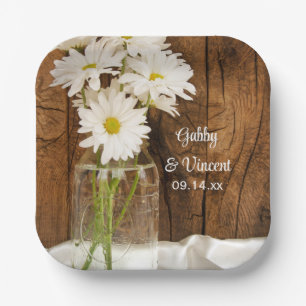 Plato De Papel Mason Jar y White Daisies Barn Boda
