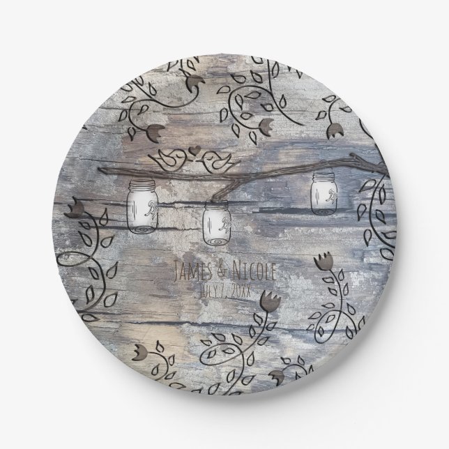 Plato De Papel Mason Jars & Love Birds Rústic Branch Boda (Anverso)