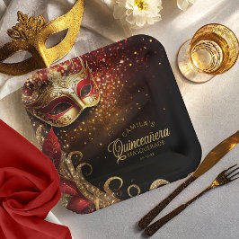 Plato De Papel Masquerade Quinceanera Red Gold ID1031