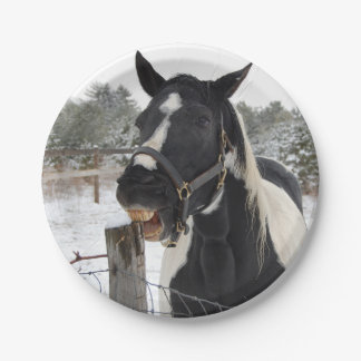 Plato De Papel Masticar caballos a cuestas en una valla