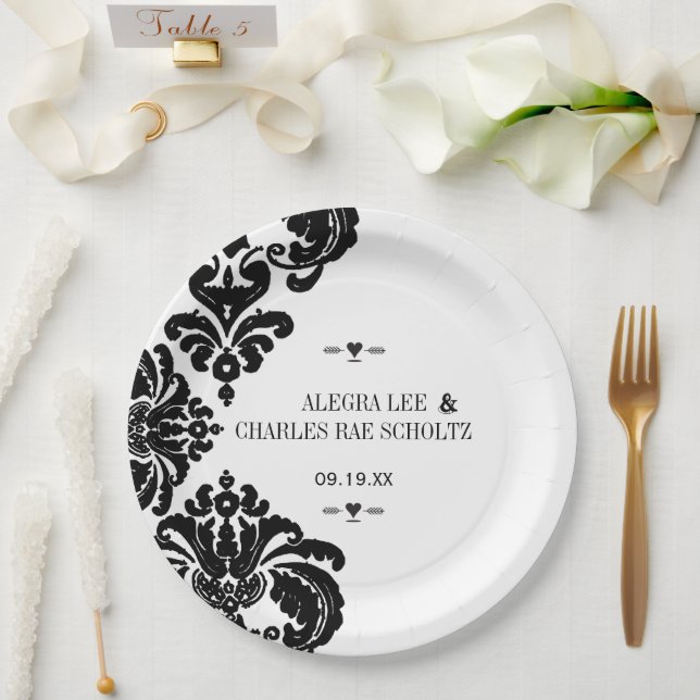 Plato De Papel Matrimonio de Damasco Negro Rústico Lujoso (Boda)