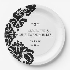 Plato De Papel Matrimonio de Damasco Negro Rústico Lujoso