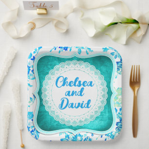 Plato De Papel Matrimonio o Fiesta de cuadros azules de Aqua