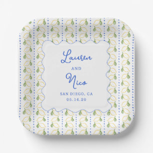 Plato De Papel Matrimonio personalizado Amalfi azul y amarillo li