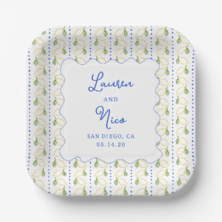 Plato De Papel Matrimonio personalizado Amalfi azul y amarillo li
