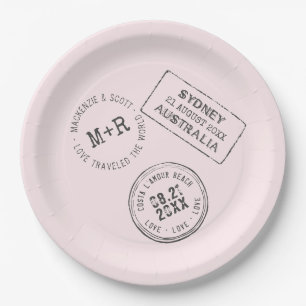 Plato De Papel Matrimonio personalizado con sello de pasaporte te