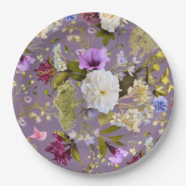 Plato De Papel Mauve Purple Boda Real Floral (Anverso)