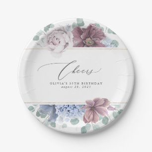 Plato De Papel Mauve y Floral Botánico Elegante Azul Polvoriento