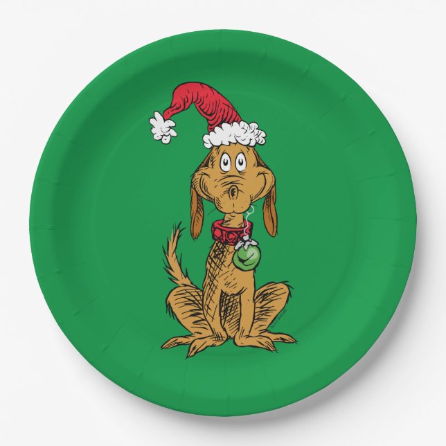 Plato De Papel Max el perro con sombrero de Santa (Anverso)