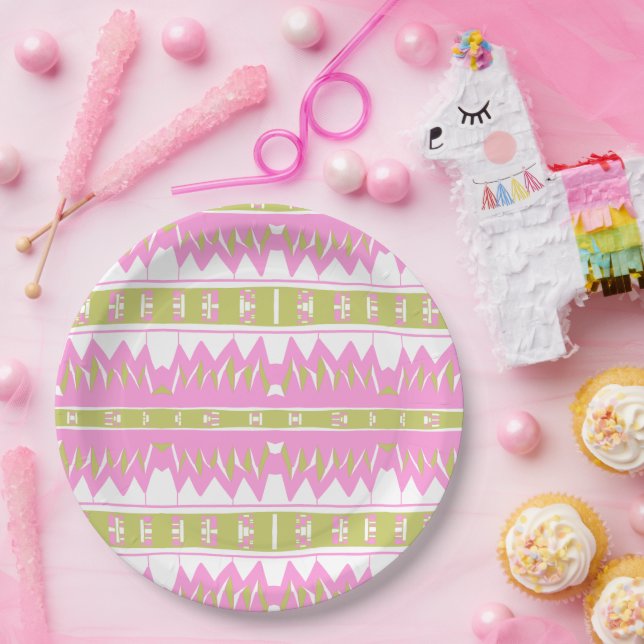 Plato De Papel Mazipoodles Patrón Afrofuturista Verde Blanco Rosa (Fiesta)