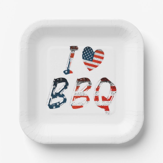 Plato De Papel Me encanta bbq, patriota estadounidense (Anverso)