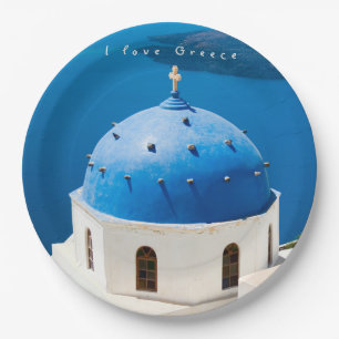 Plato De Papel Me encanta la Iglesia de Grecia Santorini foto azu