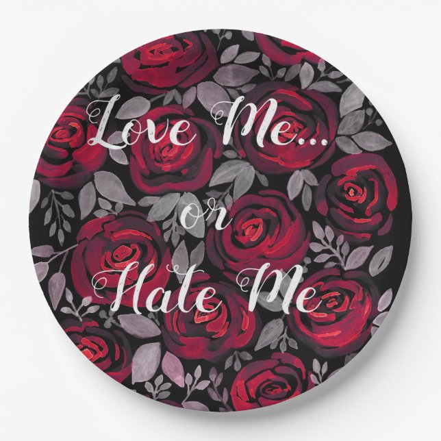 Plato De Papel Me quiero. Rosa , rojo , rosas rojas , acuarela ,  (Anverso)