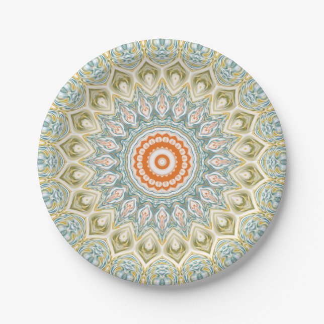 Plato De Papel Medallón Mandala en verde, azul y Naranja (Anverso)