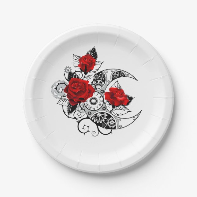 Plato De Papel Media luna mecánica con rosas rojas (Anverso)