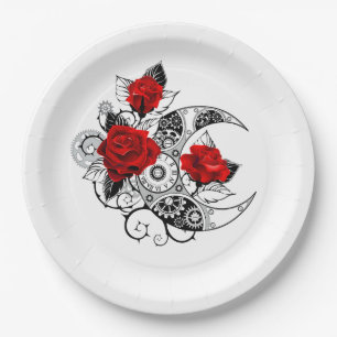 Plato De Papel Media luna mecánica con rosas rojas