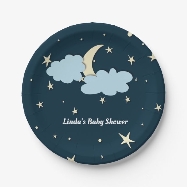 Plato De Papel Medianoche Blue Moon & Stars Elegant Baby Shower (Anverso)
