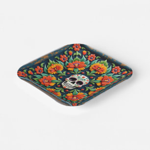 Plato De Papel 💀 🎉 Medianoche Marigold Skullware Día de los Mue
