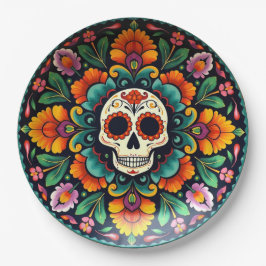 Plato De Papel 💀 🎉 Medianoche Marigoldware Día de los Muertos