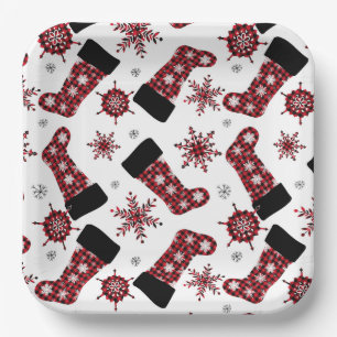 Plato De Papel Medias de Navidad con Copo de Nieve de Cuadros de