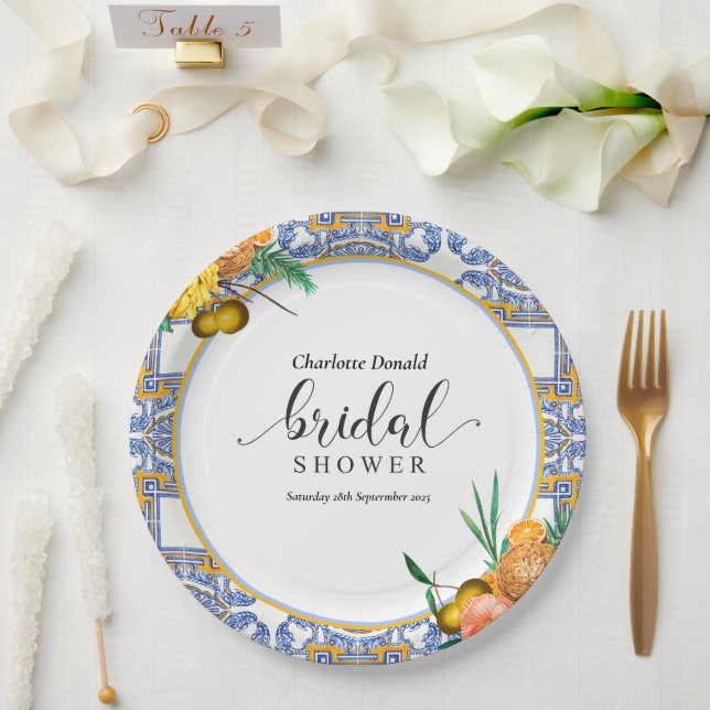Plato De Papel Mediterranean Italy Blue Tiles Bridal Shower  (Boda)