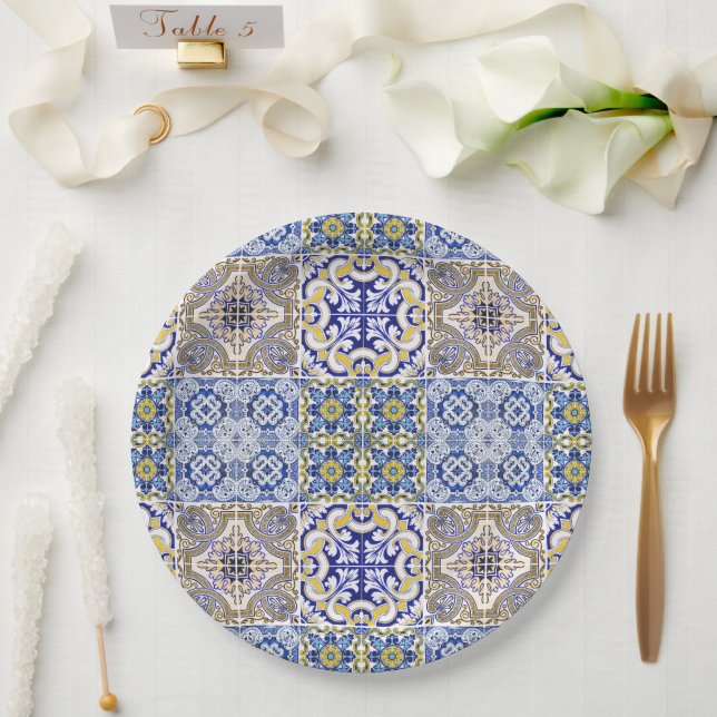 Plato De Papel Mediterranean Italy Blue Tiles Bridal Shower  (Boda)